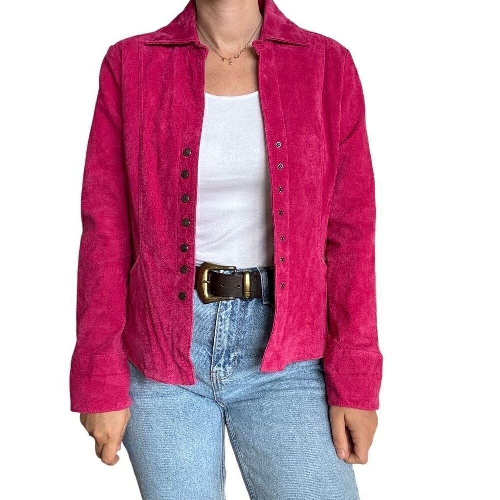 Christopher & Banks Pink Leather Jacket Size Medium Snap Closure Collared Trendy